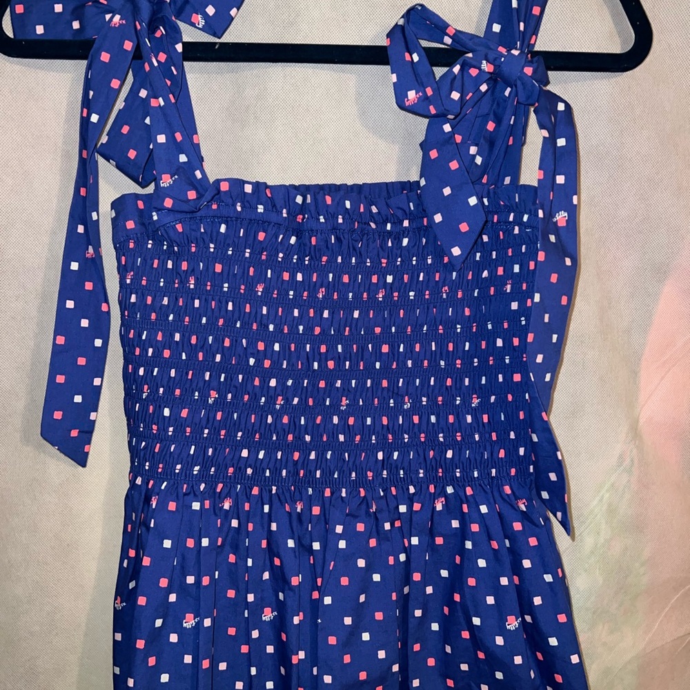 Blue Smocked top with bows and Square Pattern